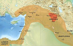 A map showing the ancient Assyrian heartland (red) and the extent of the Neo-Assyrian Empire in the 7th century BC (orange)