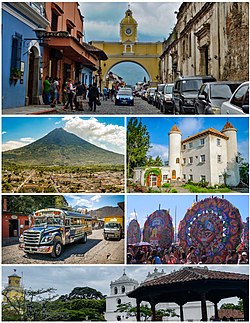 From top to bottom, from left to right: Arch of Santa Catalina, Water Volcano, Defay Castle, Traditional Chicken Bus, Sumpango giant kites and Central Plaza of the Old City.