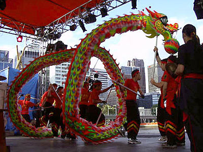 Members of the Chinese Youth Society of Melbourne performing for Chinese New Year, at Crown Casino, demonstrate a basic "corkscrew" routine