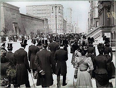 The parade on 5th avenue, 1897. The Croton Reservoir is visible.
