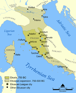 Extent of Etruscan civilization and the twelve Etruscan League cities