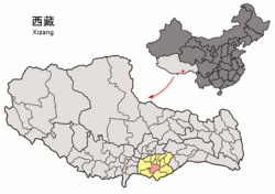 Location of Comai County (red) in Shannan City (yellow) and the Tibet A.R.