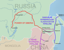 The routes of the Power of Siberia pipeline (left), the Sakhalin–Khabarovsk–Vladivostok pipeline (right) and the proposed link between them (centre)