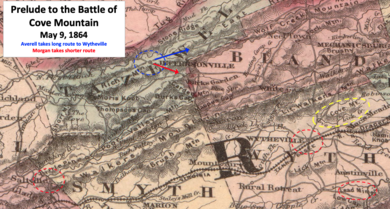 map showing Morgan's short route and Averell's long mountainous route to Wytheville