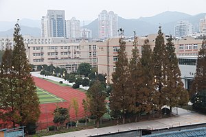 玉环市城关一中的三幢教学楼和体艺馆、操场，近处为玉环市城关实验小学