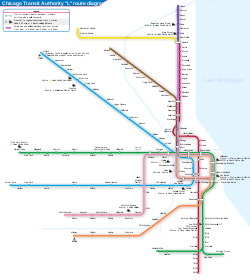 Map depicting the geographic layout of the right rapid transit lines of the Chicago "L" system. All lines except the Yellow Line operate from the central business district (the Loop) in the following directions: north, northwest, west, southwest, and south. Lake Michigan is to the east. The Red Line travels north and south and makes connections with all of the other lines and passes through the Loop. The Brown Line follows a crooked path leading from the northwest to the Loop. It shares a portion of its route with the Red Line but terminates in the Loop. The Purple Line begins somewhat north of the Red Line and connects with it at the Red Line's northern terminus. Below this, the Purple line appears as a dashed route, indicating that service over this portion is only in operation during peak travel periods. The Purple Line then follows the Red Line south until it meets with the Brown Line. After that, it follows the Brown Line route to the Loop and terminates. The Blue Line begins in the far northwest section of the map and its route takes it southwest into the Loop before turning and heading due west from the Loop. The Green Line begins in the western portion of the map just above the straight east-west leg of the Blue Line and heads east into the Loop where it turns and heads south. At its southern end it splits into two short branches: one heads east and the other west. The Pink Line is beneath the east-west leg of the Blue Line and also travels east but then turns north, crosses the east-west leg of the Blue Line, and meets up with the east-west leg of the Green Line. It then follows the Green Line route to the Loop where it terminates. The Orange Line takes a crooked path northeast from the southwest portion of the city into the Loop where it terminates. The Yellow Line (the only line to not pass through the Loop) begins at the northern terminus of the Red Line and heads west. It then turns northwest and continues a short distance before terminating. In the lower left hand corner is a detail of the Loop area. The Loop Elevated is a rectangular section of track which the Brown, Purple, Green, Pink, and Orange Lines operate over. The Red and Blue Lines are depicted as passing beneath the other five lines, indicating that these pass through the area underground. The Brown and Purple enter from the northwest corner from the north. The Pink and western segment of the Green enter from the same corner, but from the west. The Orange and southern portion of the Green enter from the south at the southeastern corner. The Purple, Orange and Pink all make a rectangular circuit of the Loop traveling clockwise. The Brown Line makes the circuit traveling counterclockwise. The Green Line is the only line to traverse the loop without making a circuit. It enters from the west on the northern leg then continues south via the eastern leg.