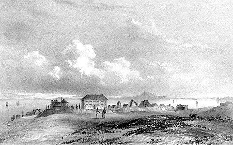 Fort Britomart, soldiers' barracks and the Waitematā Harbour from St Paul's Church, Auckland, 1842. Artist: Joseph Jenner Merrett