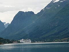 Cruise ship docked at Olden