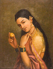 Woman Holding a Fruit by Raja Ravi Varma