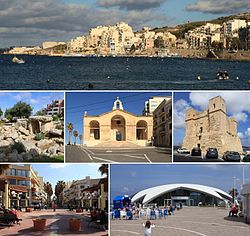 From top, left to right: skyline, Buġibba Temple, St. Paul's Shipwreck Church, Wignacourt Tower, Buġibba square, Malta National Aquarium