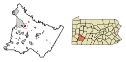 Location of Delmont in Westmoreland County, Pennsylvania (left) and of Westmoreland County in Pennsylvania (right)