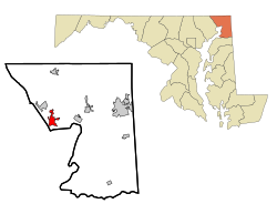 佩里维尔在塞西尔县及马里兰州的位置（以红色标示）