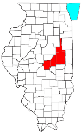 Champaign, Macon, Ford, and Piatt counties shown in red. Illinois portion of Lake Michigan shown in light blue.