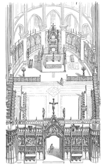 于1856年出版，由欧仁·维奥莱-勒-杜克绘制的《11至16世纪法国建筑词典》 （页面存档备份，存于互联网档案馆） 中，圣母院中世纪时期的合唱团撤销图。在高坛周围可以看到几座坟墓。