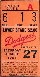 "A ticket from an August 1955 game between the Brooklyn Dodgers and the Cincinnati Reds at Ebbets Field."