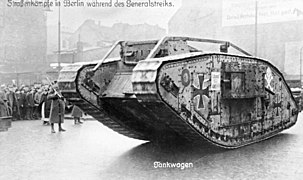 Captured Mark IV used by the Weimar Republic to suppress a Spartacus League riot during the German Revolution, 1919.
