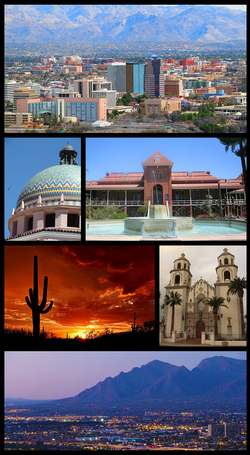 从左上角至右下角：图森市中心的天际线，皮马县法院，亚利桑那大学，萨瓜罗国家公园，圣奥古斯丁大教堂，圣卡塔利娜山