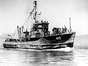 USS YMS-415 In San Francisco Bay, California, c. 1945. Note figure painted on her stack. This ship became USS Chatterer (AMS-40) in 1947