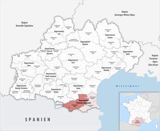 普拉德区奧克西塔尼大區与东比利牛斯省的位置