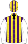 Purple and yellow stripes, white sleeves