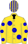 Yellow, large blue spots, spots on sleeves, striped cap