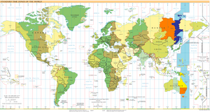 Mercator style map of the world broken into time zones, with Chamorro Time Zone highlighted