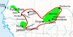 The greatest extent of the Toucouleur Empire at the time of Omar Tall's death in 1864