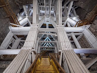 Bottom view of one of the rooms dug in the mine, held up by thick scaffoldings.