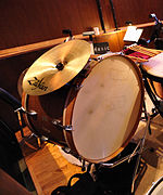 A cymbal mounted on an orchestral bass drum