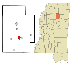卡尔霍恩城在卡尔霍恩县及密西西比州的位置（以红色标示）