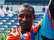 Oumar Basakoulba Kone as gold medallist in the 800m in the podium at the Atlanta 1996 Paralympic Games