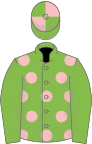Light green, pink spots, light green sleeves, quartered cap