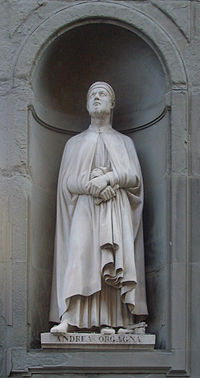 Statue of Andrea Orcagna in the Uffizi outside gallery in Florence carved by Niccolò Bazzanti at Pietro Bazzanti e Figlio Art Gallery, Forence