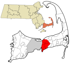 雅茅斯在巴恩斯特布爾縣及麻省的位置（以紅色標示）