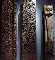 Parts of a Norwegian wooden doorway, 12th century, in the Urnes style