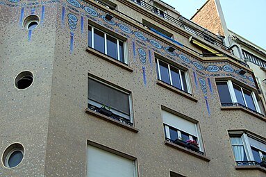 Art Deco - Mosaics on the facade of Quai Louis-Blériot no. 40, Paris, by Marteroy & Bonnel, 1932[77]