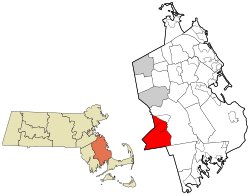 莱克维尔在普利茅斯县及马萨诸塞州的位置（以红色标示）