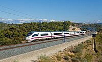 High-speed AVE Class 103 train near Vinaixa, Madrid-Barcelona line. Spain has the longest high-speed rail network in Europe.[231]