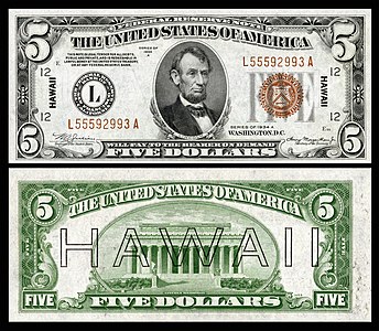 $5 Federal Reserve Note (1934-A), depicting Abraham Lincoln