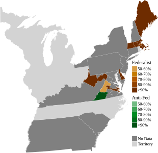 Map of presidential election results by electoral district, shaded according to the vote share of the highest result for an elector of any given faction. Data for several Virginian electoral districts could not be found