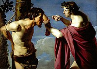 Apollo and Marsyas, oil painting by Bartolomeo Manfredi, 1616-1620, Saint Louis Art Museum