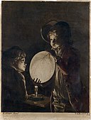 Peter Perez Burdett, Two Boys Blowing a Bladder by Candle-light, 1773 Aquatint after the original by Joseph Wright of Derby. Metropolitan Museum of Art, New York.[8]