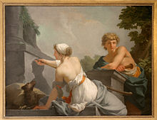 a young woman drawing a picture of her handsome lover on a wall; he poses, leaning on one elbow