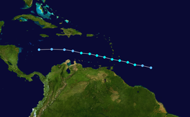 A track of a tropical storm, it starts between South America and Africa, crosses the Lesser Antilles and dissipates in the Caribbean Sea