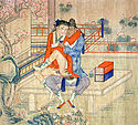 Young men sipping tea and having sex. Individual panel from a hand scroll on homosexual themes, paint on silk; China, Qing Dynasty (eighteenth to nineteenth centuries); Kinsey Institute, Bloomington, Indiana, United States