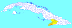 Pilón municipality (red) within Granma Province (yellow) and Cuba