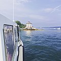 Approaching Bustins Island's public dock. The building in view is known as the nubble