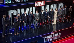 The cast of Civil War, Kevin Feige, the Russo brothers, and Nate Moore at the London premiere