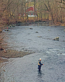 A wide muddy stream with some rapids surrounded by woods with bare trees and a red structure visible through them behind a bend at the rear. At the left are two men knee-deep in the water, holding fishing rods with a colored line attached