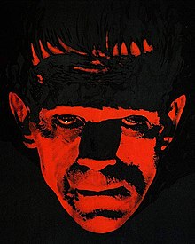 红光映照下，被黑暗包围的弗兰肯斯坦的怪物的脸的插画